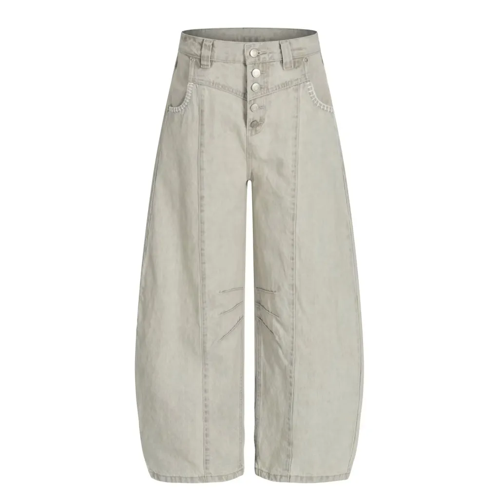 Ice-Feel Tencel Scimitar-Shape Wide-Leg Denim Jeans - Gray