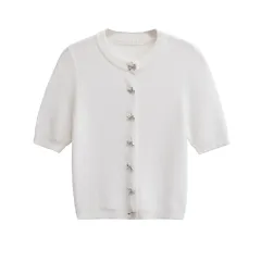 Solid Colour Knitted Cardigan For Women - White - View 1