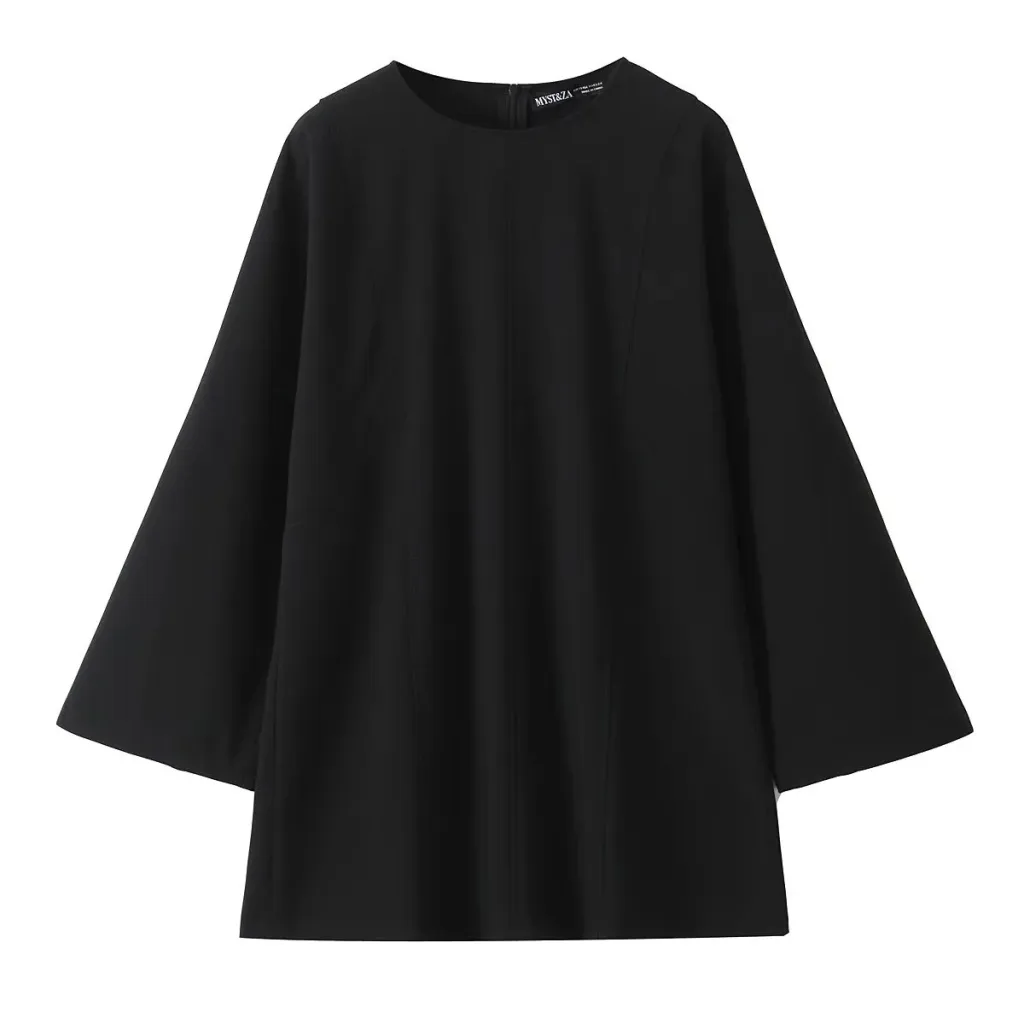Graceful And Fashionable Loose Bell Sleeve Mini Dress - Black