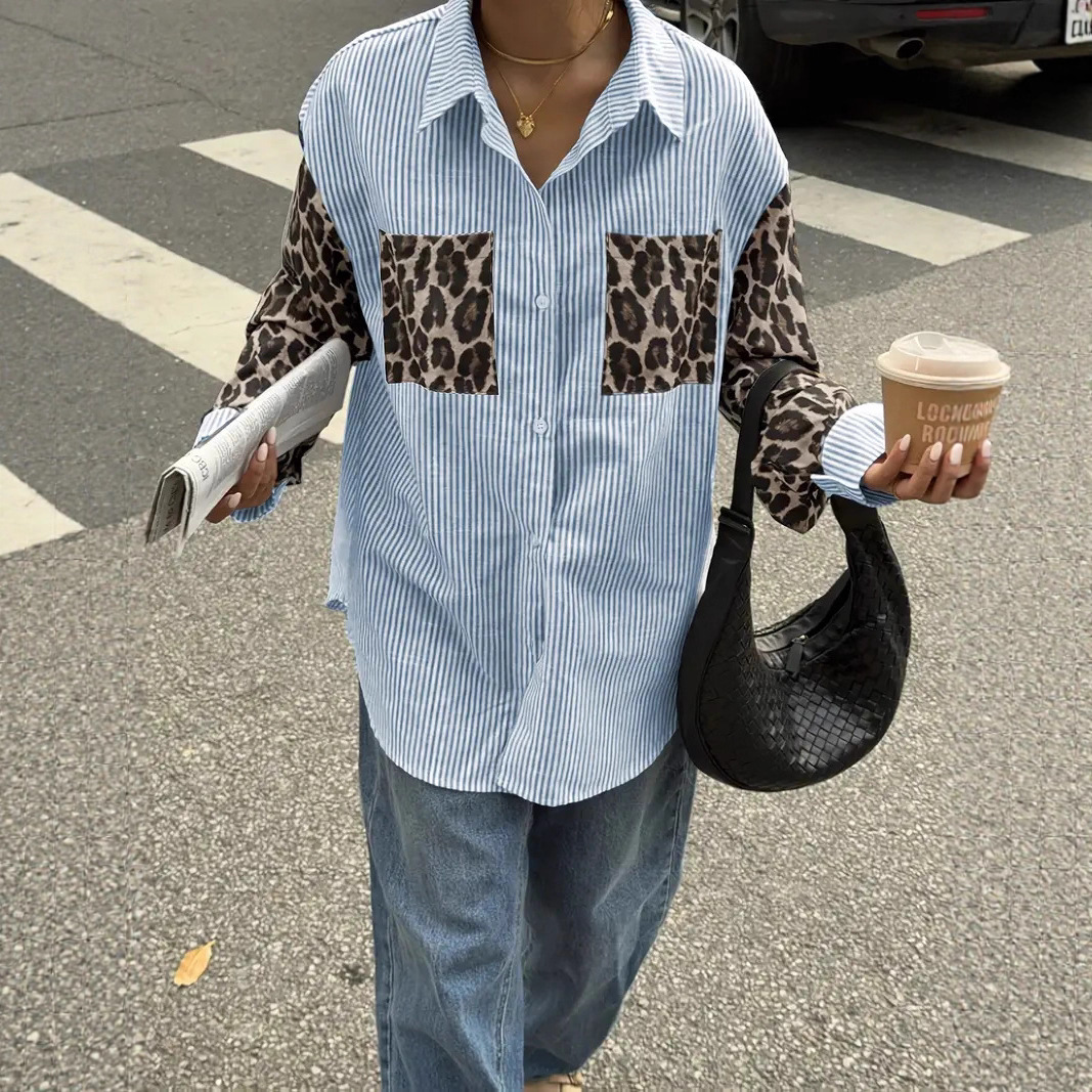Womens Loose Casual Leopard-Print Patchwork Striped Pocket Long-Sleeve Shirt For Amazon