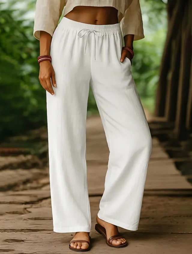 Elastic Casual Solid Color Cotton Linen Wide Leg Pants White - Shop at LoveMi