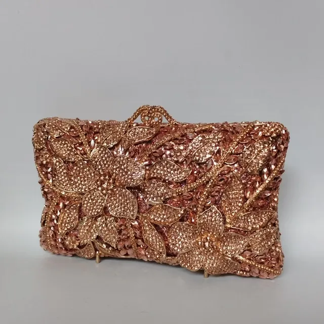Flower Diamond Banquet Rhinestone Clutch Bridal Wedding Bag Champagne - Shop at LoveMi