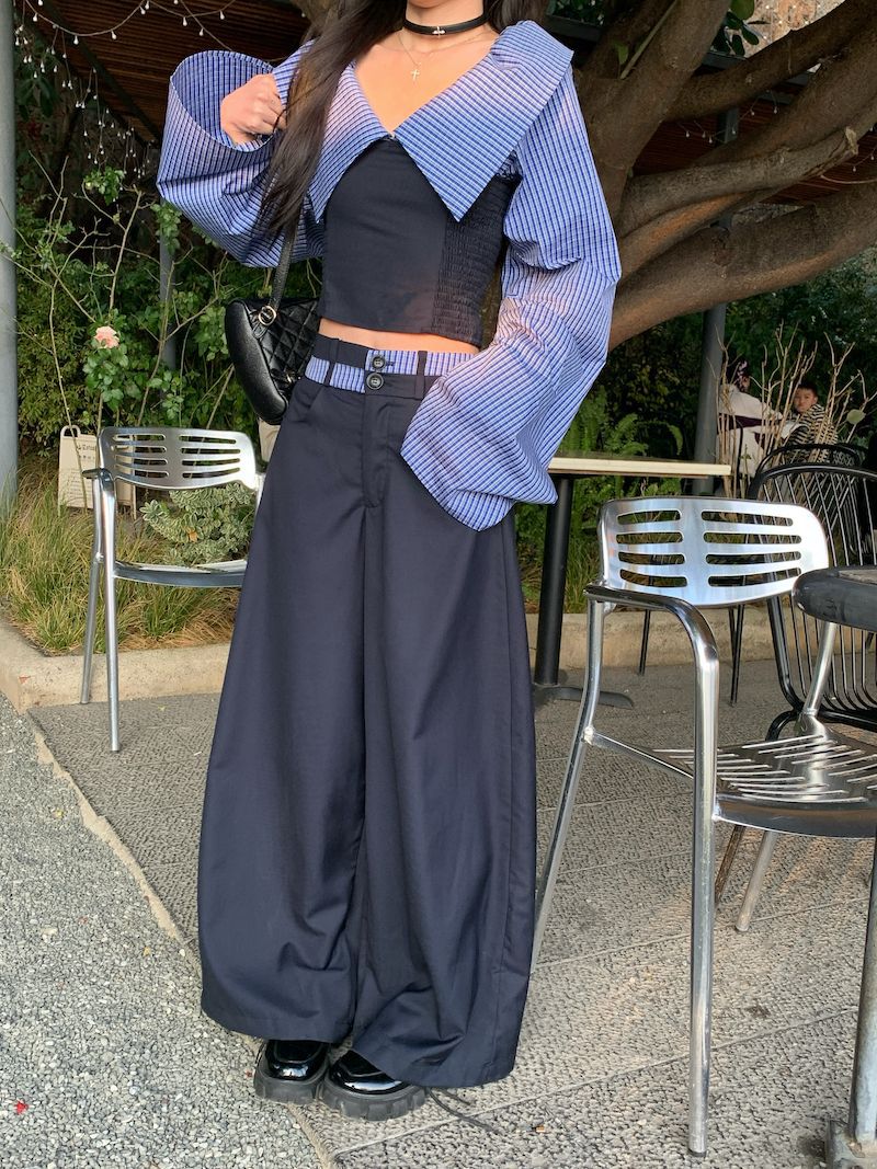 Striped Halterneck Chic Long-sleeve Shirt Paired With Draping Patchwork Wide-leg Pants