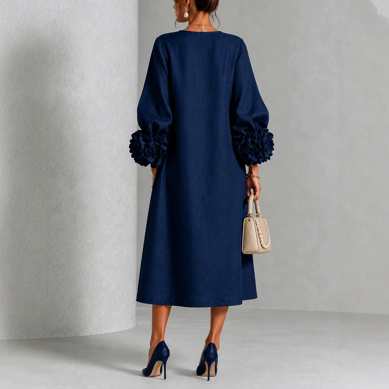Puff Sleeve Floral Dress Pink Navy - French Style A-Line