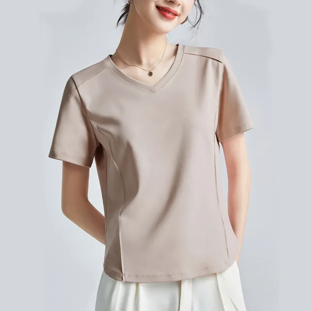 Shoulder T shirt Mercerized Cotton Round Neck Bottoming Shirt V Oatmeal Color M - Shop at LoveMi