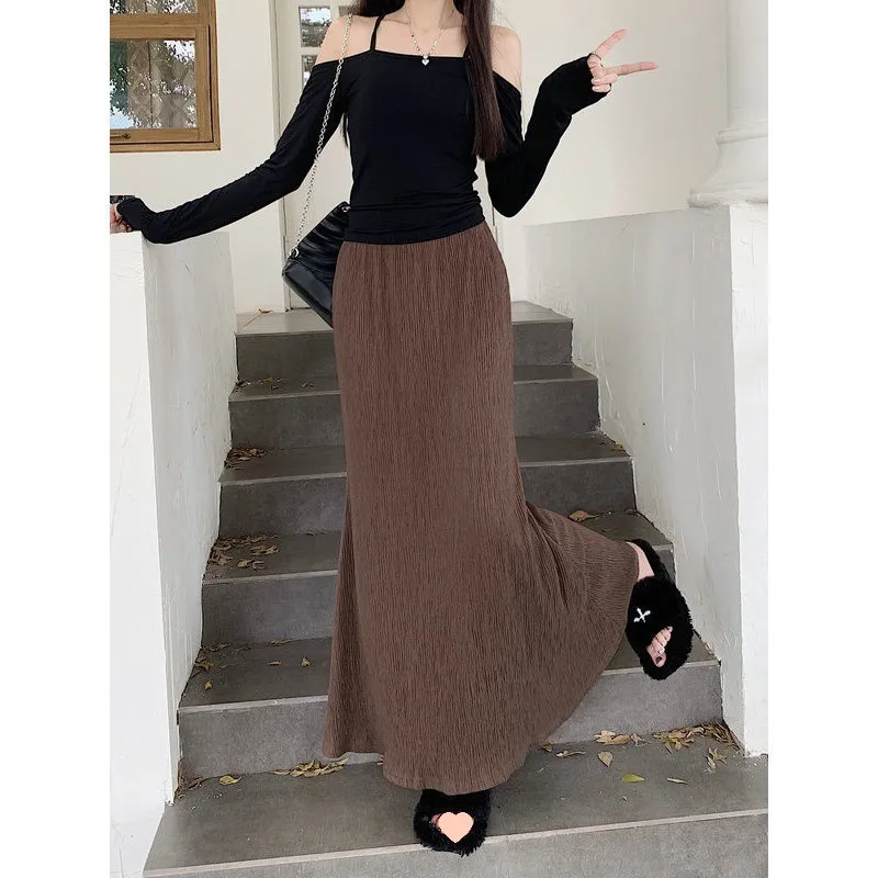 Vintage Crumpled A- Line Autumn Idle Style Skirt For Women - Brown