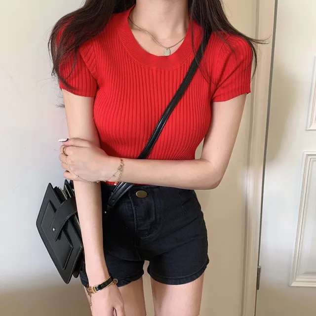 Fashion Short sleeved Knitted Top For Women 9328 Red - Shop at LoveMi
