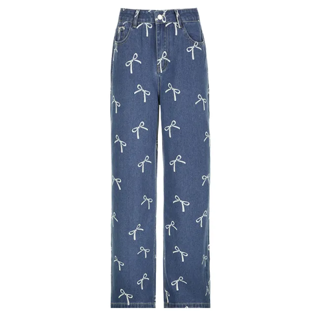 Girly Style Bow Vintage Print Loose Jeans Blue - Shop at LoveMi