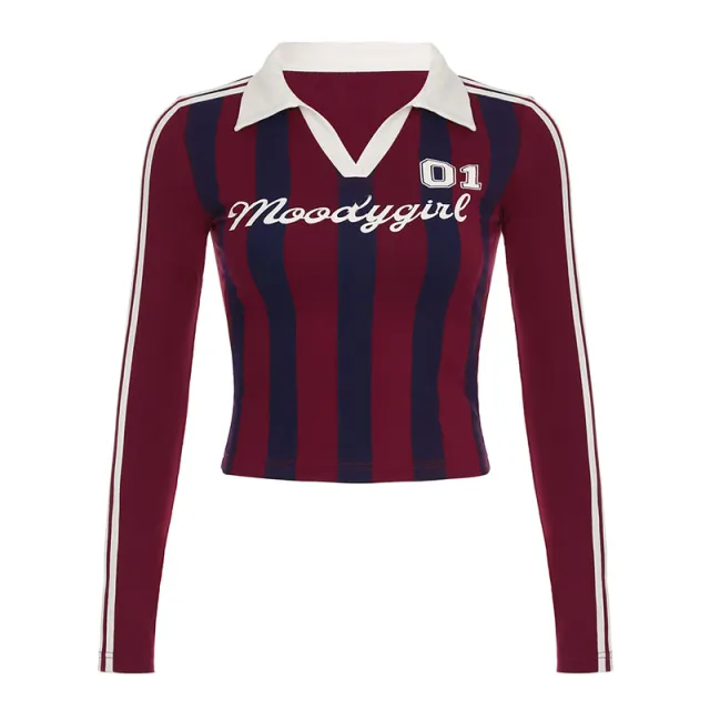 Sports Style Striped Letters Printed T shirt Top Wine - Shop at LoveMi