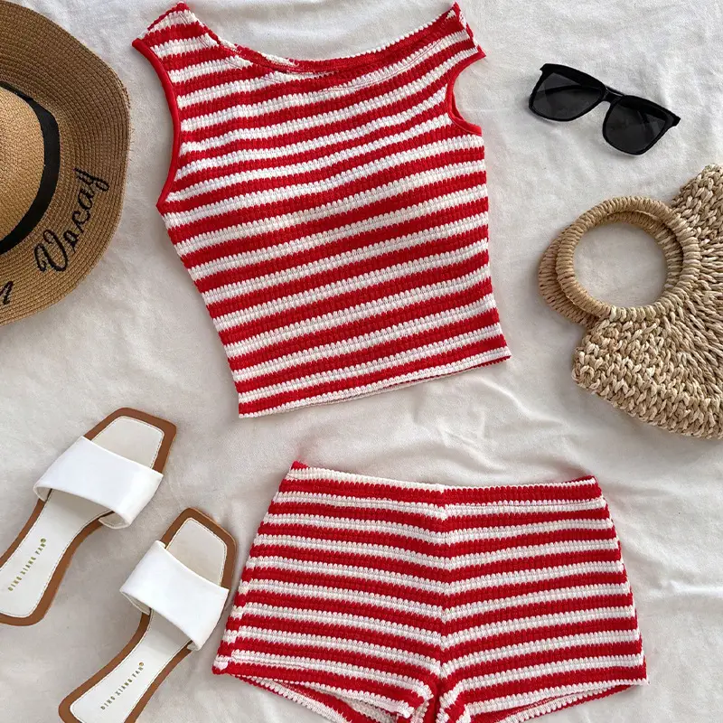 Vacation Style Striped Vest Hip-wrapped Short Suit