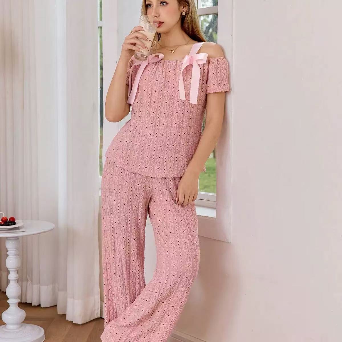 Womens Two-piece Pajama Set With Bow And Lace Detailing