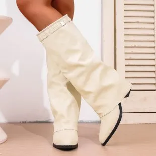 Pointed Toe High Tube Pants Boots Pleated Chunky Heel Sleeve Beige - Shop at LoveMi