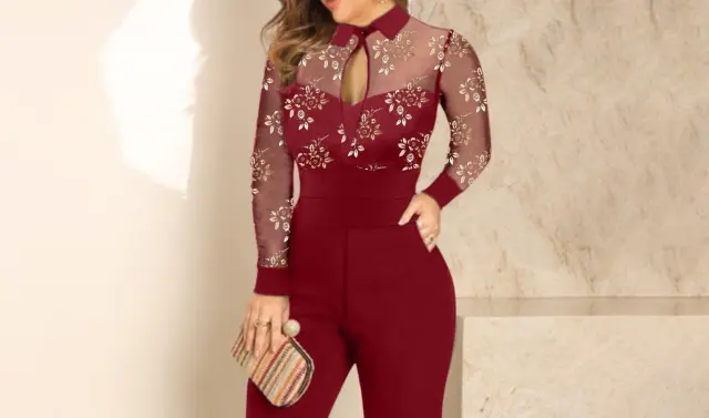 Women's New Lace Bronzing Jumpsuit Wine Red - Shop at LoveMi
