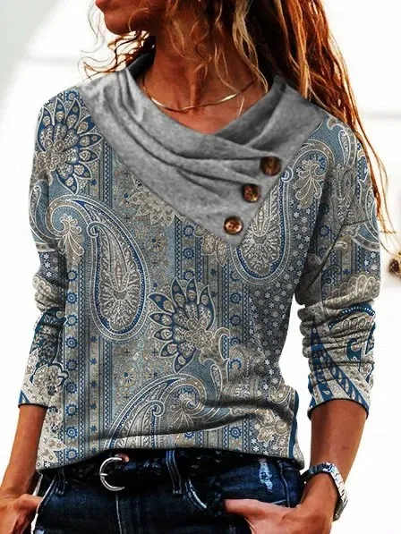Women Scarf Collar T shirt With Long Sleeves Hoodie Button Top Gray Printing - Shop at LoveMi