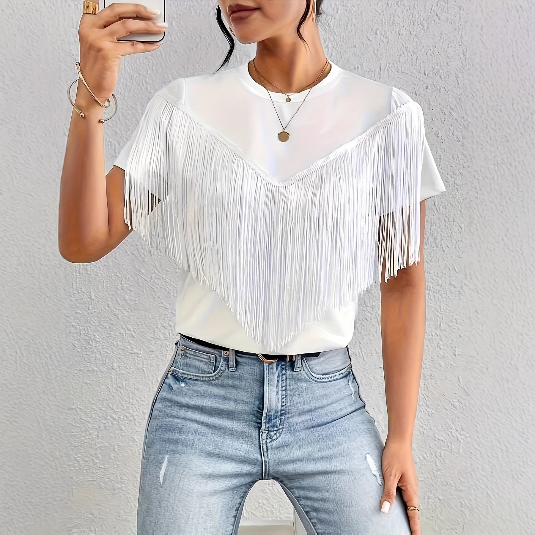 Women's Round-neck Solid-color Tassel-design Short-sleeve T-shirt