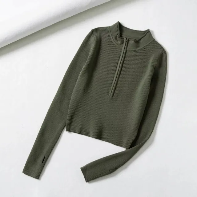 Half Zipped Stand Collar Midriff Outfit Skinny Knit Top Green - Shop at LoveMi