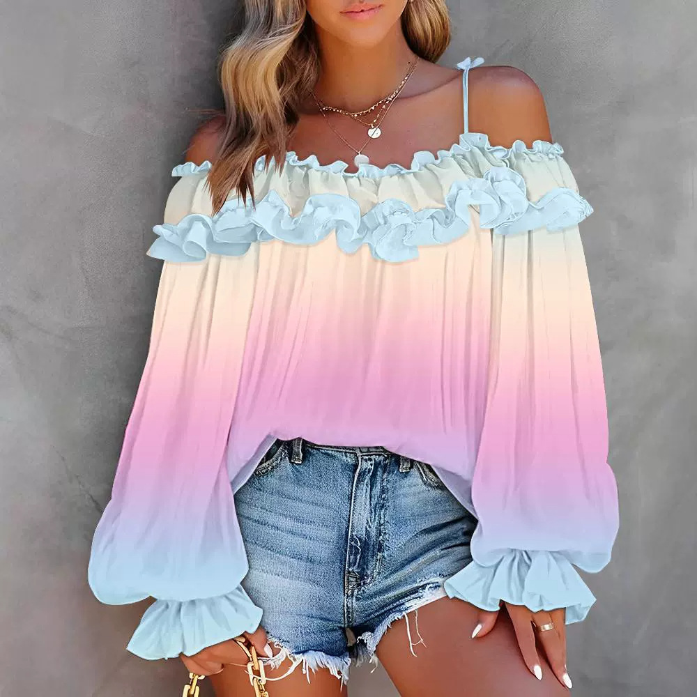 Gradient Printing Ruffled Off-shoulder Long Sleeve Top