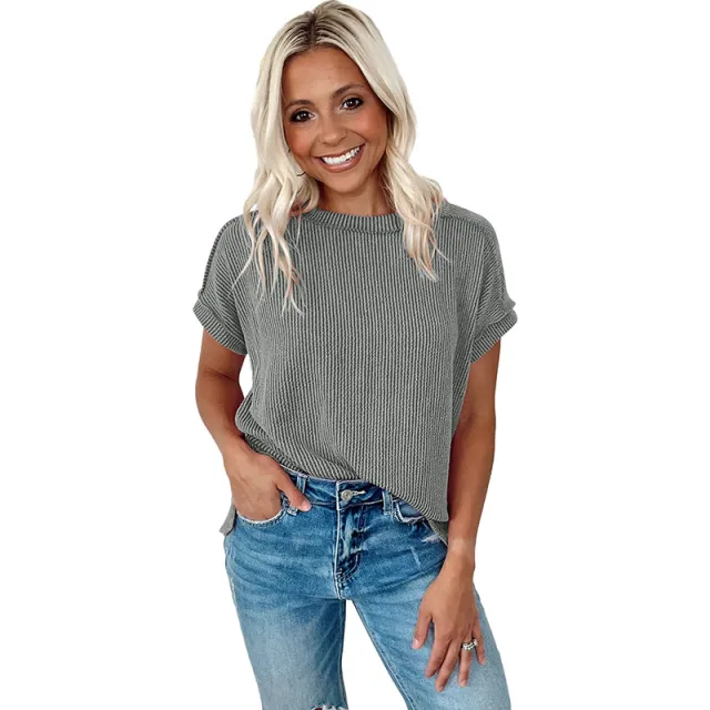 Pure Color All matching Short sleeved T shirt Women's Casual Loose Pullover Gray - Shop at LoveMi