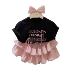 Girls' Pleated Skirt Western Style Letter T-shirt Two-piece Suit - Pink Suit - View 1