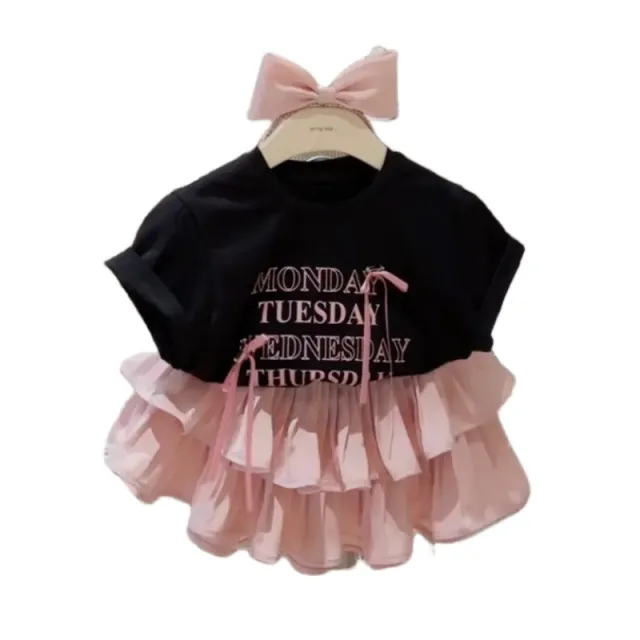 Girls' Pleated Skirt Western Style Letter T shirt Two piece Suit Pink - Shop at LoveMi