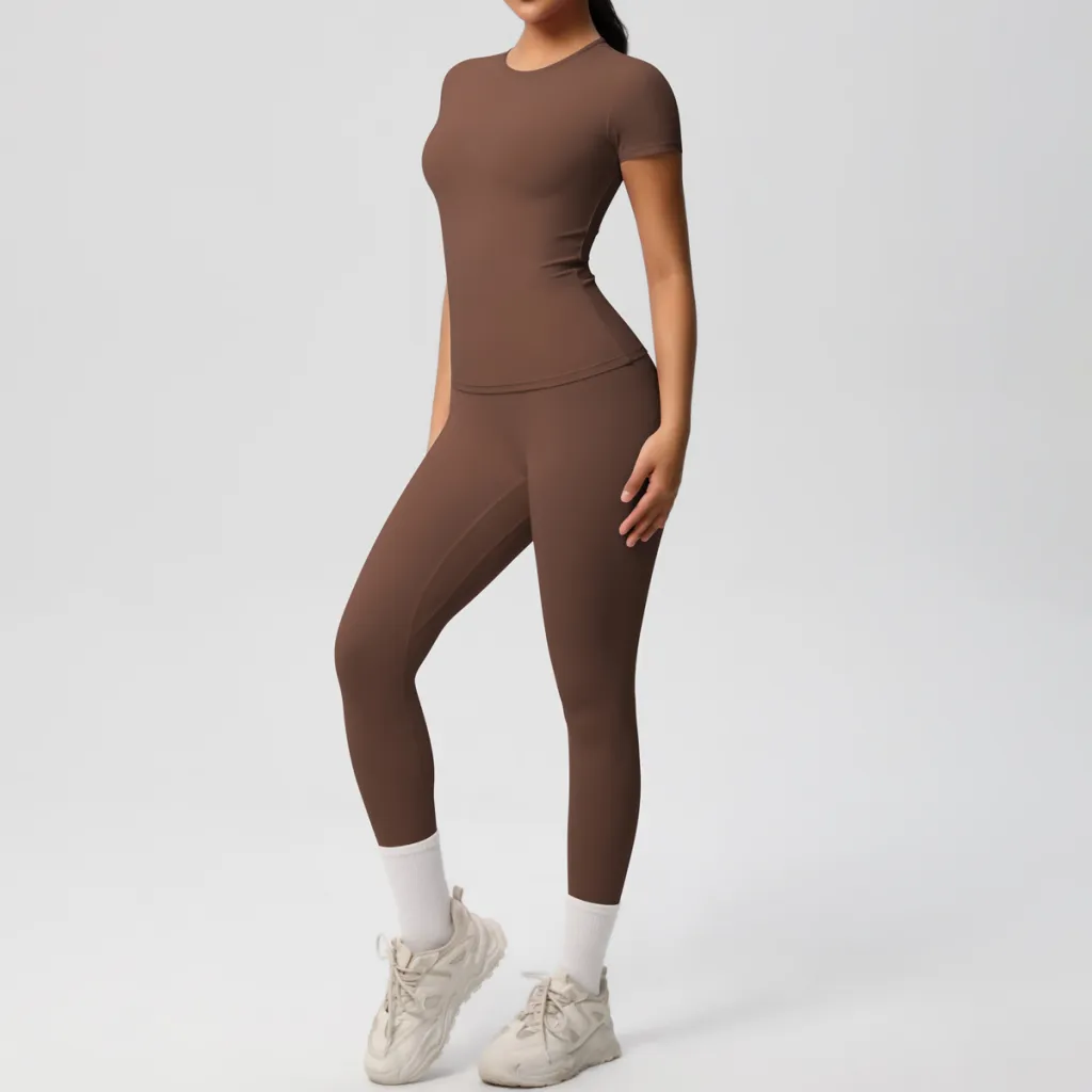 European And American Sports Nude Feel Skin-friendly Solid Color Sports T-shirt Stretch Short Sleeve Yoga Pants High Waist Workout Suit Women - Nude