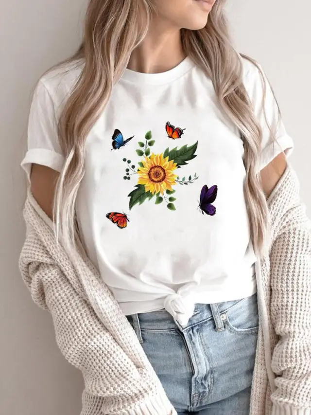 Cute Women's Flower Print Short sleeved T shirt Aqp33224 - Shop at LoveMi