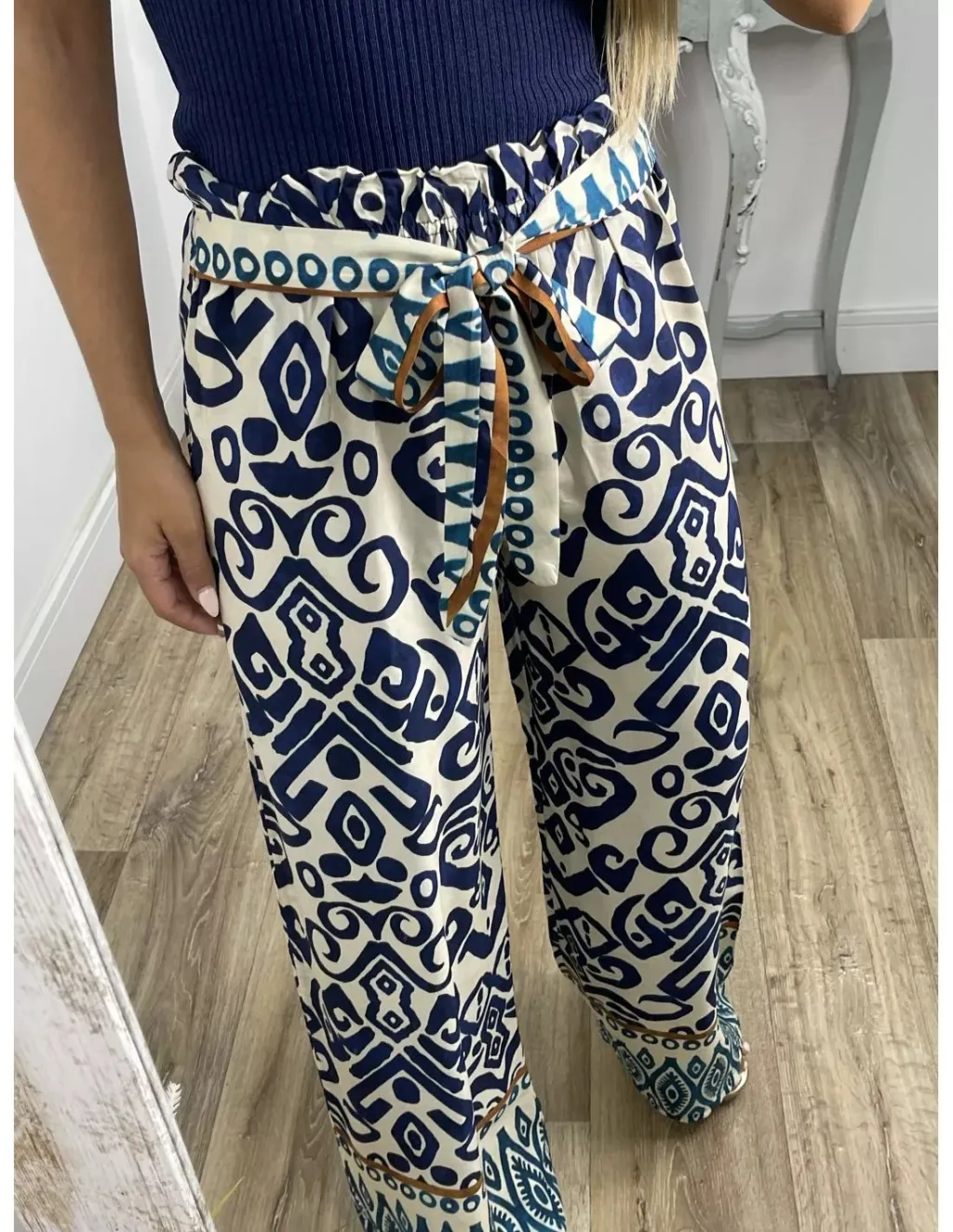 Women's Fashion Printing Belt Loose Casual Trousers - Navy