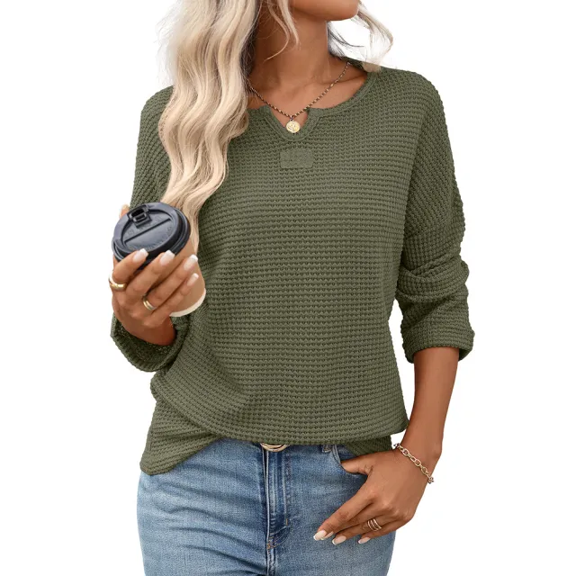 Women's Autumn Striped Waffle Knitted T shirt Army Green - Shop at LoveMi
