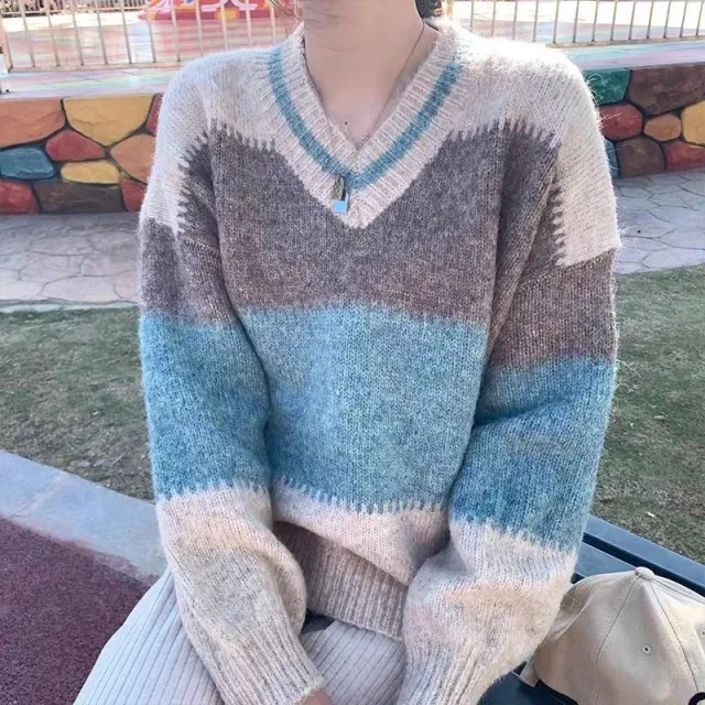 Women's V neck Loose Color Matching Design Knitted Sweater Khaki - Shop at LoveMi