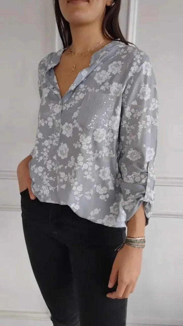 Loose Casual Long Sleeves Printed Sequined Pocket Shirt Gray - Shop at LoveMi
