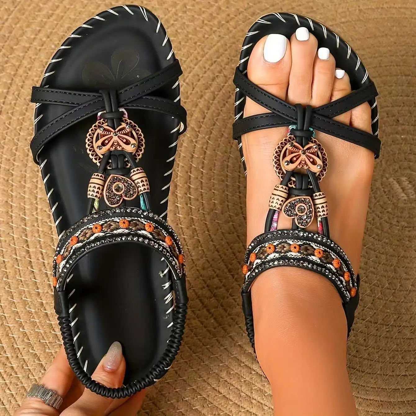 Handmade Wooden Buckle Bow Rhinestone Flat Sandals