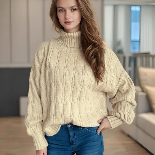 Turtleneck Solid Color Commute Loose Pullover Khaki - Shop at LoveMi