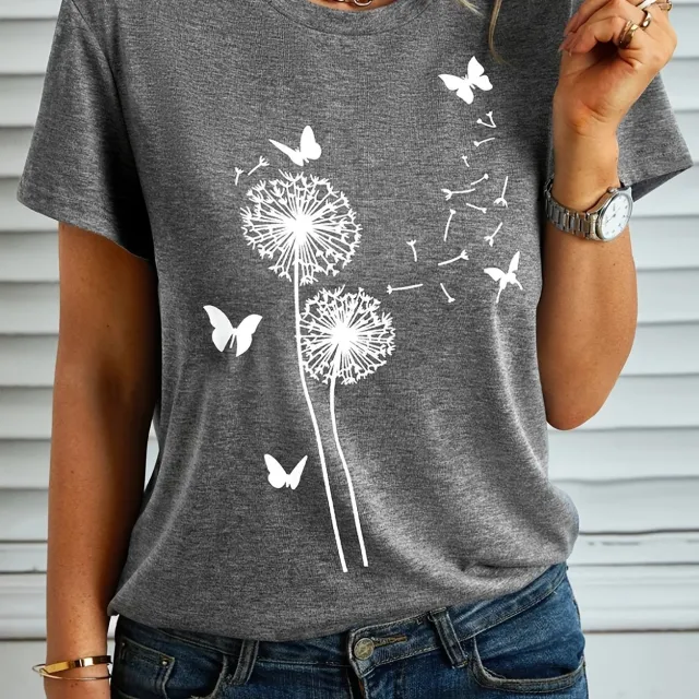 Women's Dandelion And Butterfly Printed T shirt Gray - Shop at LoveMi