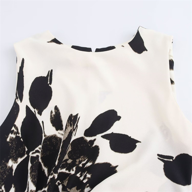 French Round Neck Temperament Printed Satin Dress