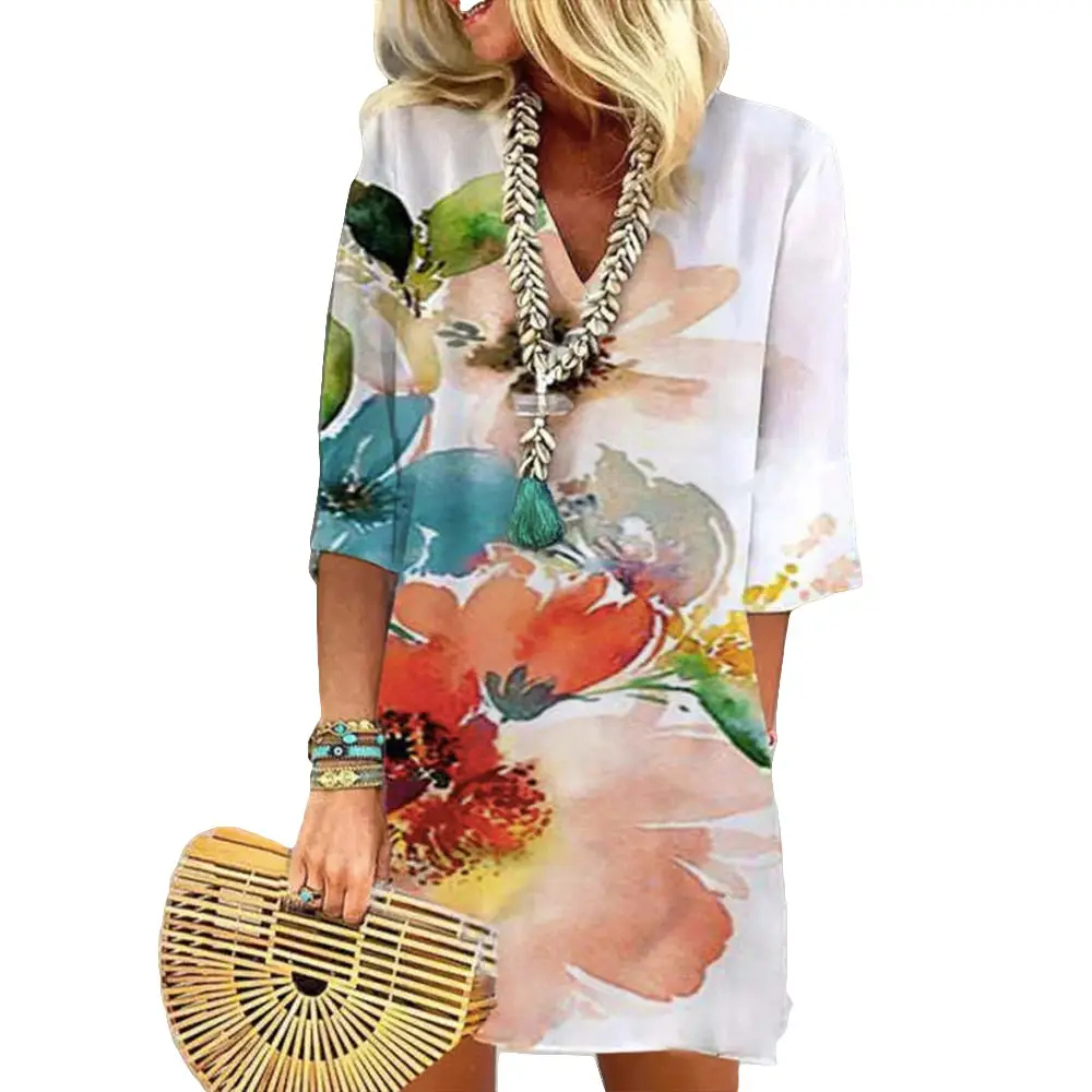 European And American Half Sleeve Watercolor Little Flower Printed Pocket Dress