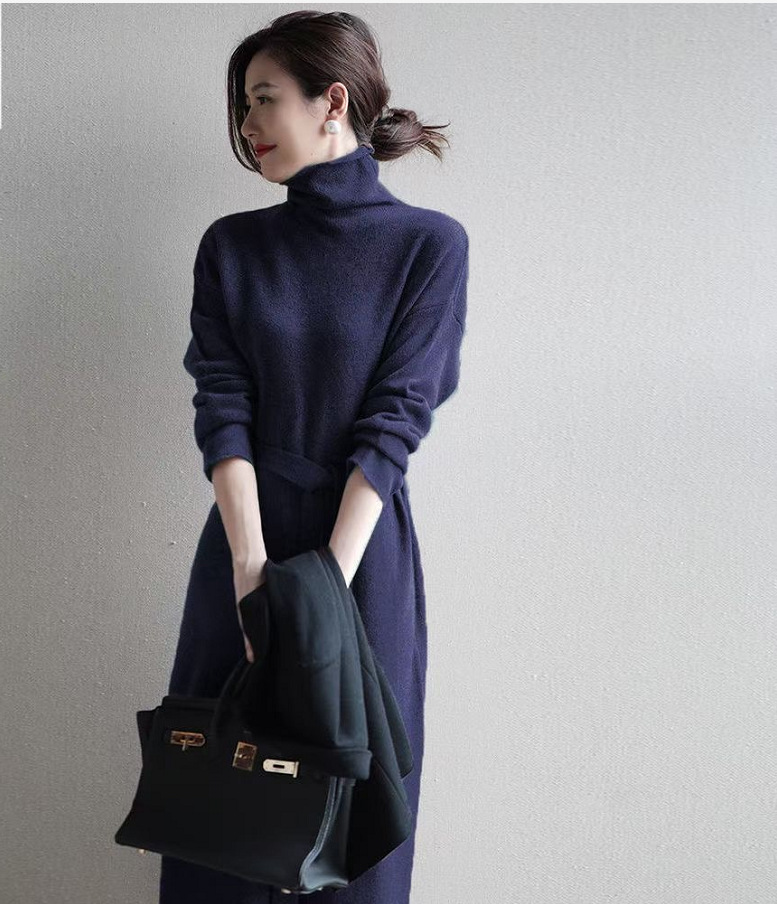 French Style Long Sleeve Turtleneck Knitting Bottoming Dress Navy - Shop at LoveMi
