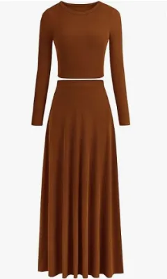 Casual Rib Knitted Long Sleeves Cropped Top Extra Long Piaise Skirt With Suit - Dark Brown - View 1