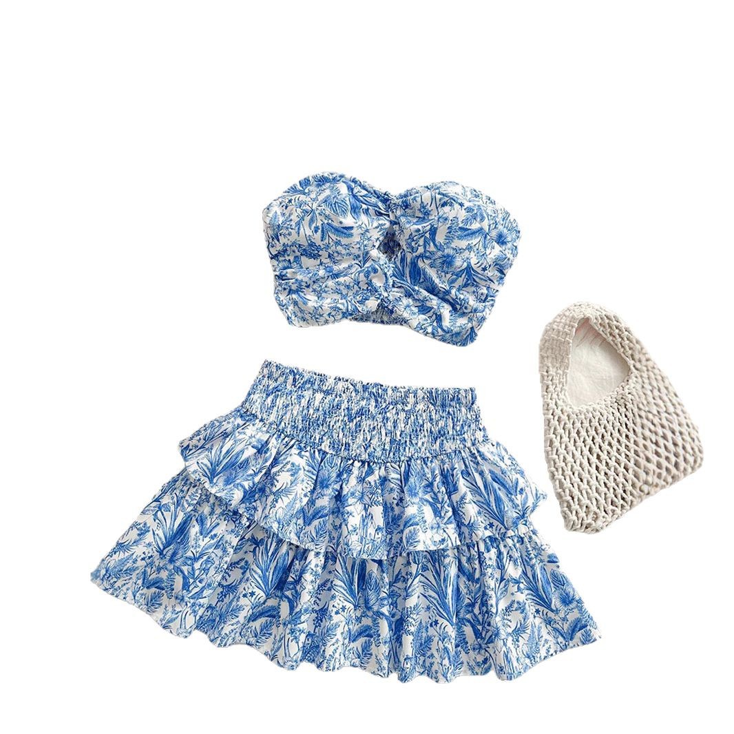 Blue Printing Tube Top Short Skirt Suit