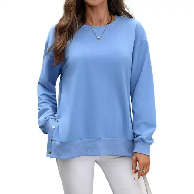 European And American Autumn And Winter Solid Color Long sleeved Top Women Blue - Shop at LoveMi