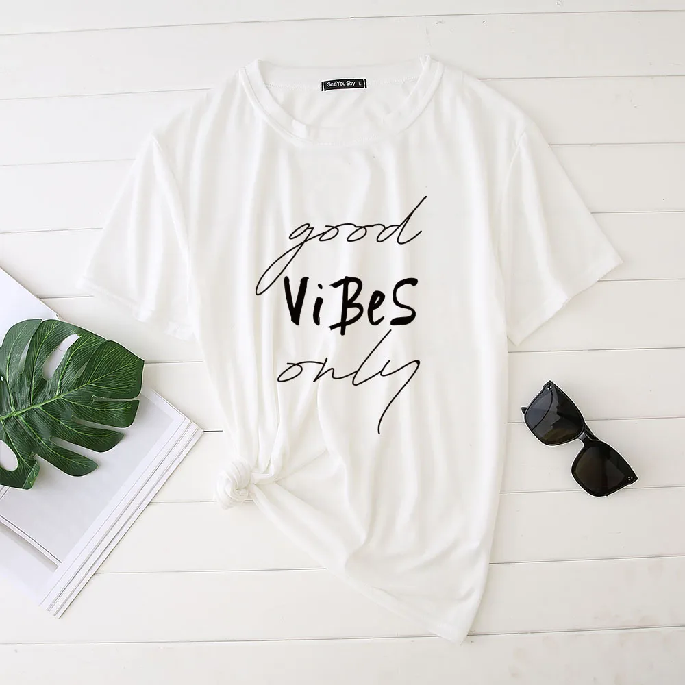 Plus Size Women's Good Vibes Letter Print Funny T-shirt - White