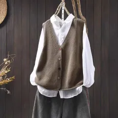 Spring And Autumn Outer Wear Solid Color And V-neck Color Buckle Knitted Cardigan Vest Vest For Women - Deep Khaki - View 1
