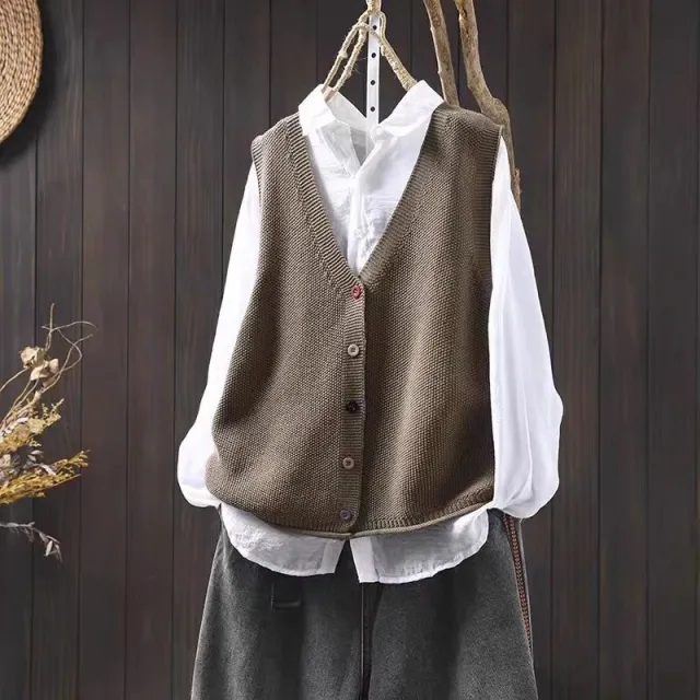 Spring And Autumn Outer Wear Solid Color And V neck Color Buckle Knitted Cardigan Vest Vest For Women Deep Khaki - Shop at LoveMi