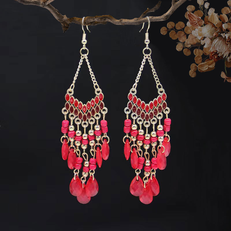 Ethnic Style Earrings High-grade Long Beaded Water Drop