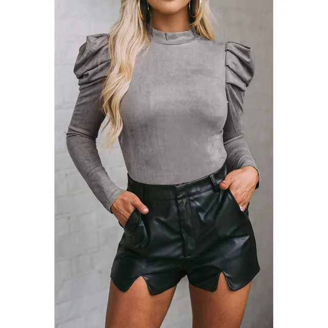 Women's Solid Color Suede One piece Suit Gigot Sleeve Tight Top Gray - Shop at LoveMi