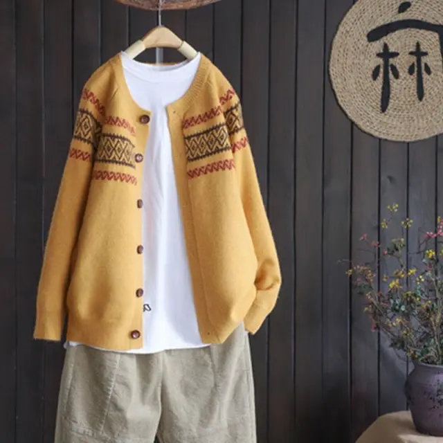 Spring And Autumn Loose Knitted Cardigan Brocade Sweater Yellow - Shop at LoveMi