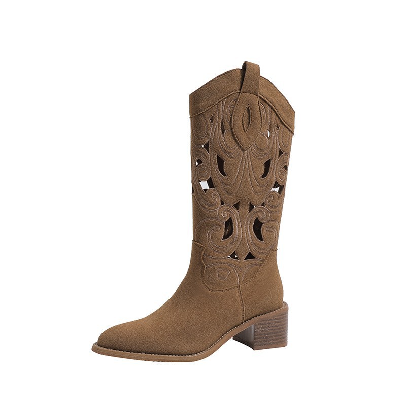 Embroidered Western Cowboy Boots With Chunky Heels And V Neck Cutout Knight Boots
