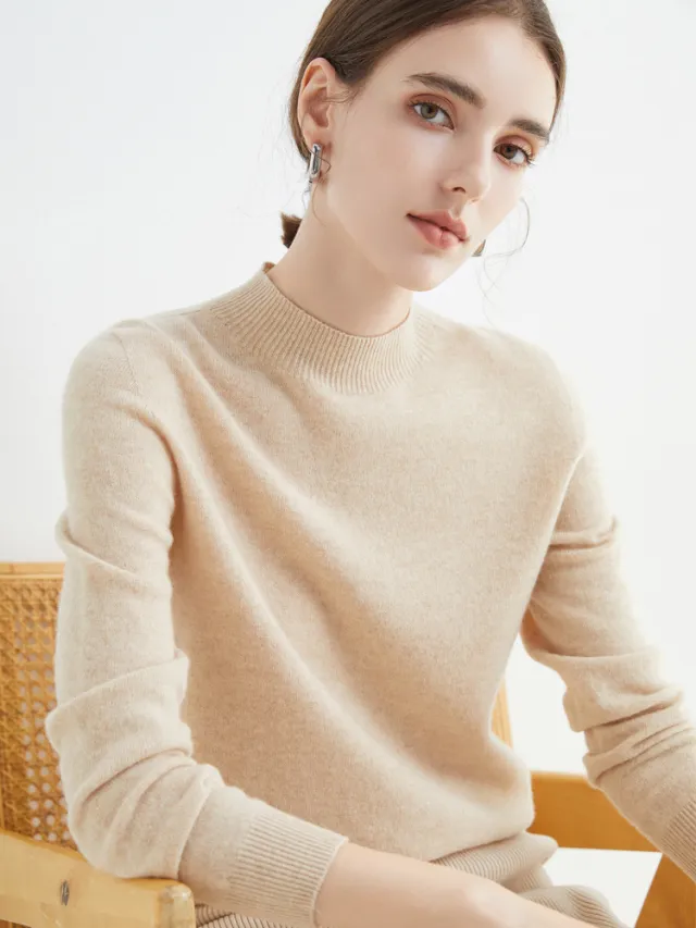 Seamless Half High Neck Loose Fitting Pullover With Bottom Sweater Beige - Shop at LoveMi