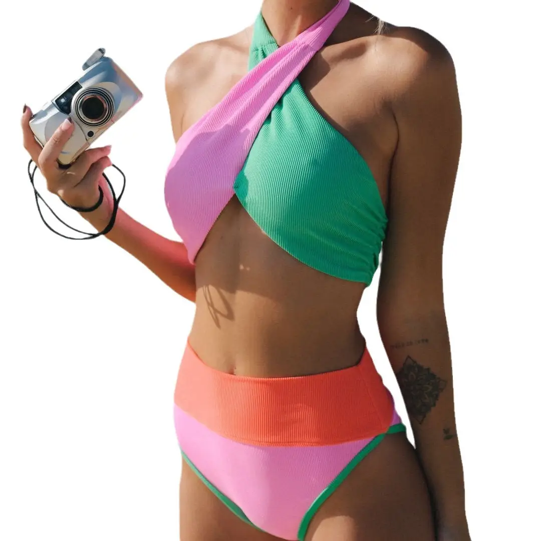 Women's Split Color Block Stitching Bikini Cross High Waist Swimsuit