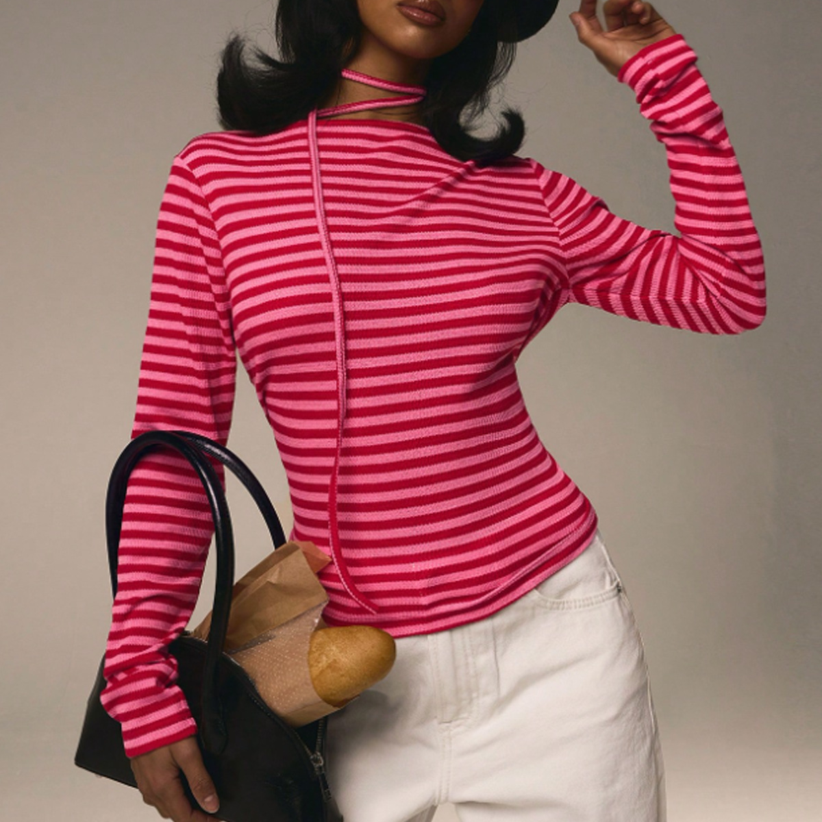 Slim-fit Striped Stretchy Style Crewneck Long-sleeve Top