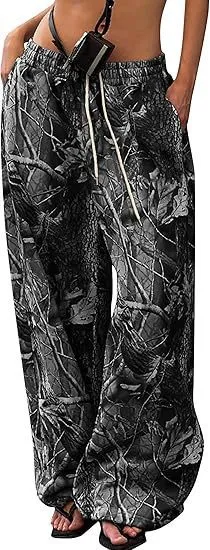Women's Fashion Casual Elastic Waist Tight Camouflage Printed Wide-leg Pants - Dark Gray